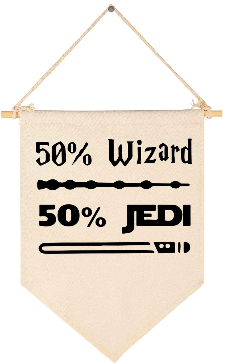Topthink 50% Wizard 50% Jedi-Canvas Hanging Flag Banner Wall Sign Decor Gift for Baby Kids Boy Nursery Teen Room Front Door -Star Quotes Wars Gift - Image 1